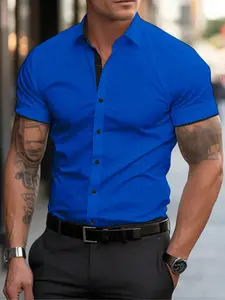 Men's Summer Sapphire Blue Patchwork Shirt, Casual Shirts, Business Casual Versatile, Colorblock Design, Fitted Plain Pattern, All Seasons Wear, Casual Wear Clothes