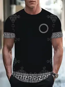 Men's Urban Style Streetwear Shirt, Classic Greek Key Design, Comfortable Daily Wear, Fashion All-Over Print, Loose Fit, Casual Round Neck, Short Sleeve