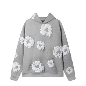 Denim cotton hoodie Hoodie cotton hoop jumper Sweatshirt Black white-floral white street fashion quan hoodie hoodie rotation