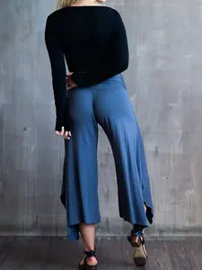 Ruched Waistband, Flowy, Wide Leg, High Waist Gaucho Pants in Gray
