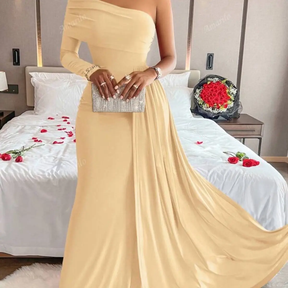 One Shoulder Elegant Long Sleeve Dress Fabric Fit Party Womenswear High Waist Formal Asymmetrical Medium fashion dress club cocktail Women's Off-Shoulder