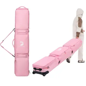 Rolling Ski Bags with Wheel, 155cm-175cm Padded Waterproof Snowboard Bag for Air Travel, Fits Single Ski & Skis with 3 Separation Storage, Unisex Adjustable Length, Pink