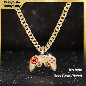 Holylegend 14K Real Gold-Plated Game Controller Necklace, Statement necklace, CZ Diamond Pendant, 24" Cuban & Rope Chain, Hip Hop Jewelry Gift for PlayStation Fans