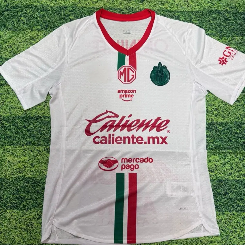 Guadalajara Away Jersey 25-26 White with Red and Green Stripes Caliente Sponsorship Logo