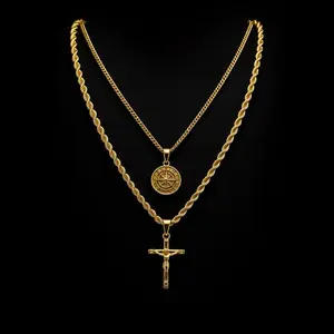 2 Layer Gold Chain Necklace Set 316L Stainless Steel Cuban Rope Chain with Cross and Coin Pendant for Men and Women