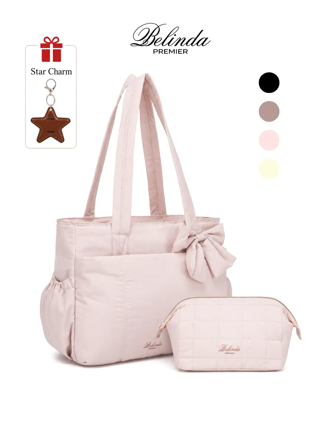 BELINDA Women's 3PCS Tote Set, Puffer Bow Tote Bag, Makeup Pouch, and Star Pendant Keychain, Multiple Compartments Tote Lightweight Versatile Tote Casual Everyday Bag Quilted Purse