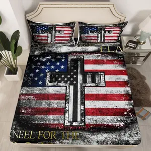 American Flag Fitted Sheet for Teen Boys Camo Black White USA Flag Bed Sheets,The Cross Theme Bedding Set for Devout Protestant Religious Patriotic Style Sheets