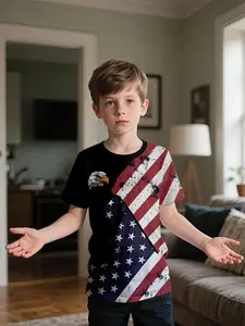 Eagle Flag Digital Printed T-Shirt Cute American Tee 100% Polyester, Stylish Casual Boys Clothing for Daily and Outdoor Activities, Perfect Gift for Boys