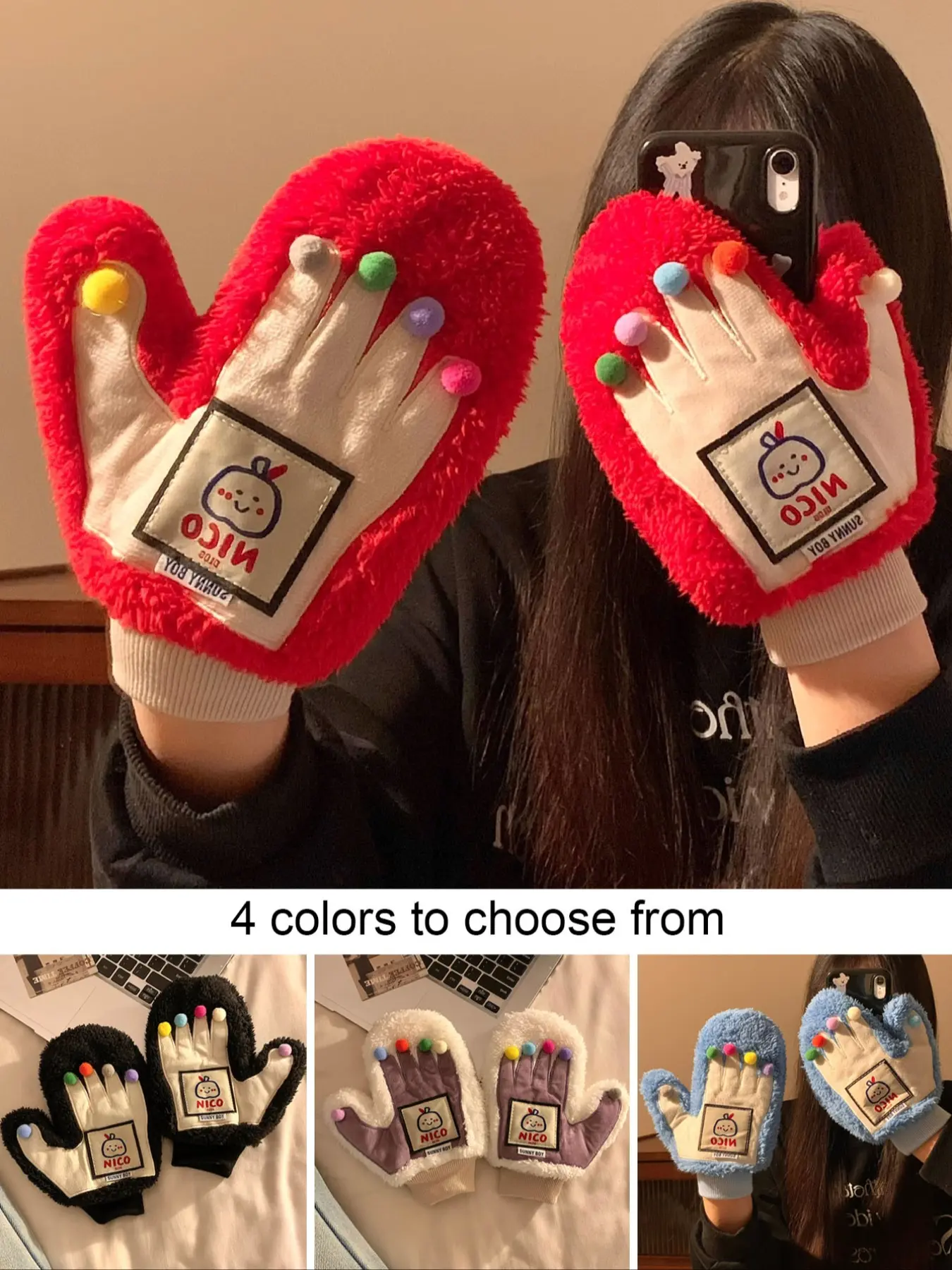Cute Dopamine Full Gloves Set, Women's Winter Warm Plush Thickening Student Cycling Gloves, Windproof Dual-Layer Plush Gloves