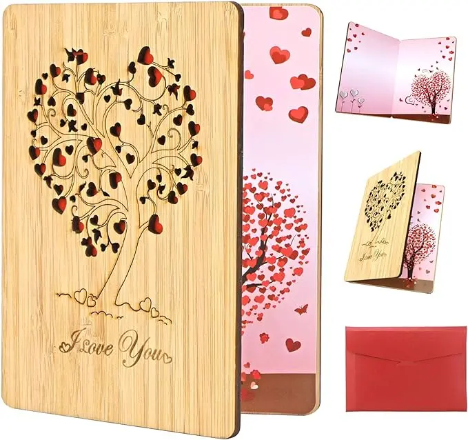 Greeting Card Handmade Wooden Handmade Walnut Wood I Love You Card, Wooden Love Greeting Cards for Birthday, Mother's Day,
