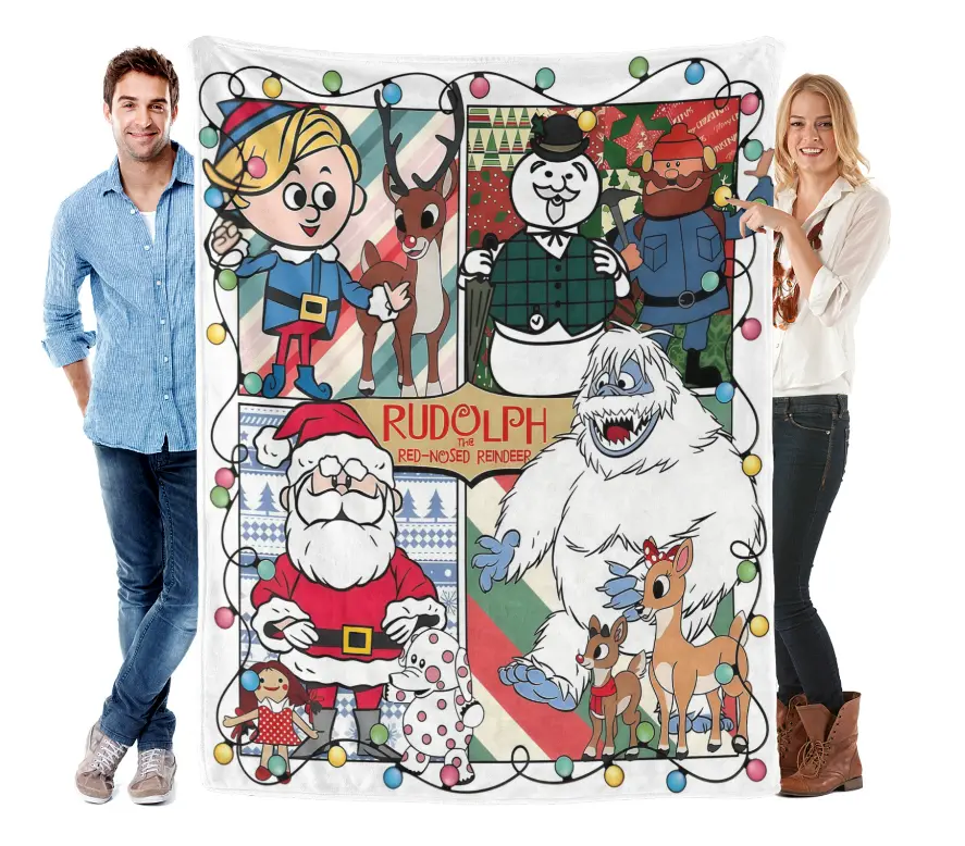 Rudolph The Red‑Nosed Reindeer Full Character Print Flannel Blanket, Soft Warm Christmas Throw Blanket for Sofa Bed Couch, Holiday Movie Night & Xmas Home Decor for Kids Adults