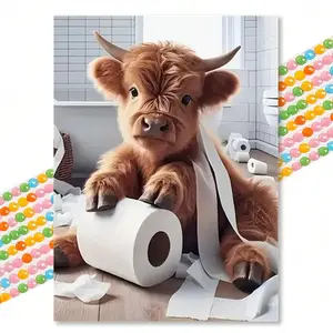 Cute Highland Cow Diamond Painting Kit, Fun Card Design, Full Drill Handmade DIY Craft, Bathroom & Kids Room Decor, Handicraft, Animals, Art