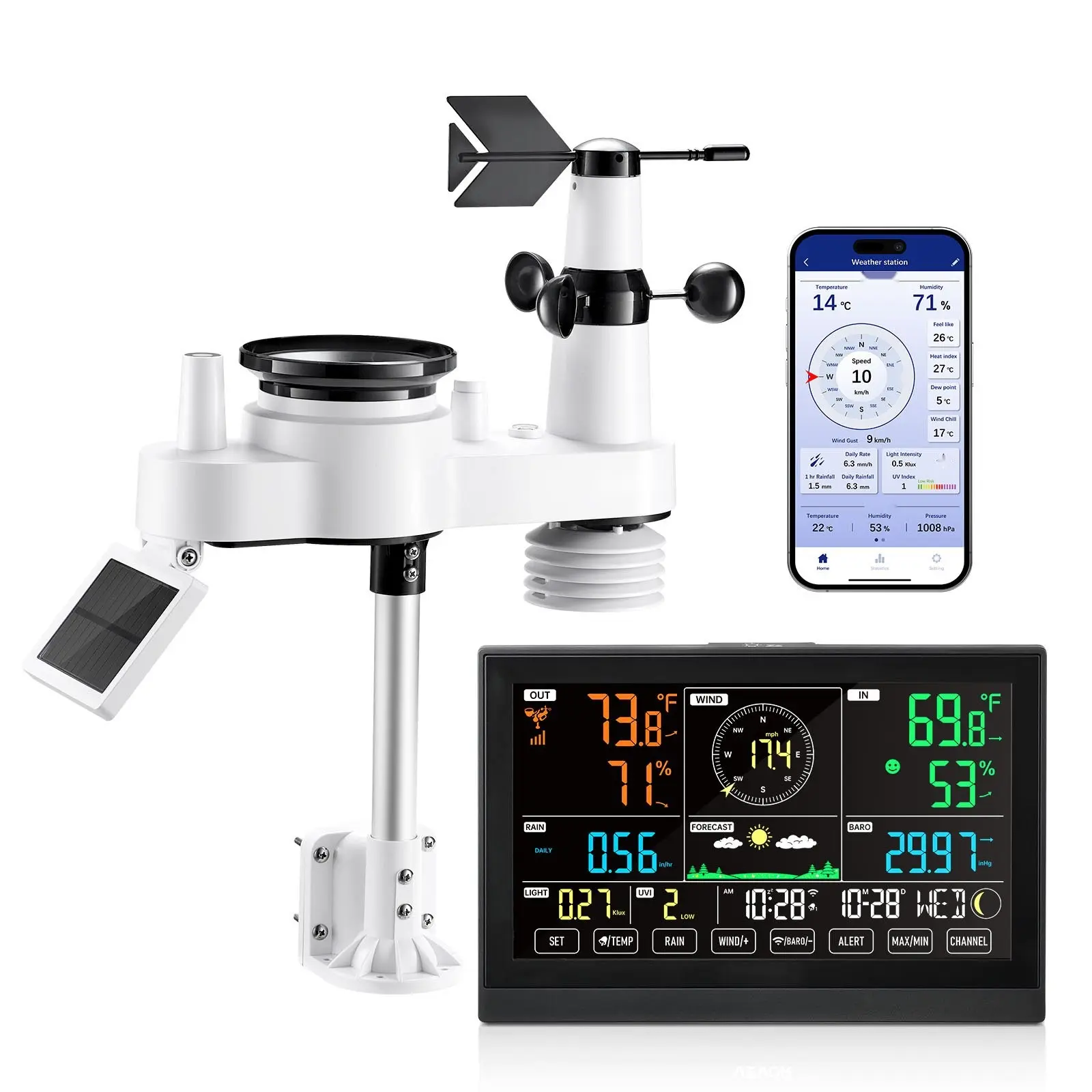 7-In-1 Wi-Fi Weather Station With 7.5-Inch VA Display And Wireless Outdoor Sensor For Real-Time Indoor And Outdoor Temperature, Humidity, Barometric Pressure, Wind Speed, Rain Forecast And Alerts