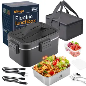 Electric Lunch Box 80W Portable Food Warmer for Adults 1.8L with Fork Spoon Bag Multi Layer Insulated Steel Container Tableware 80W/1.5L/Black