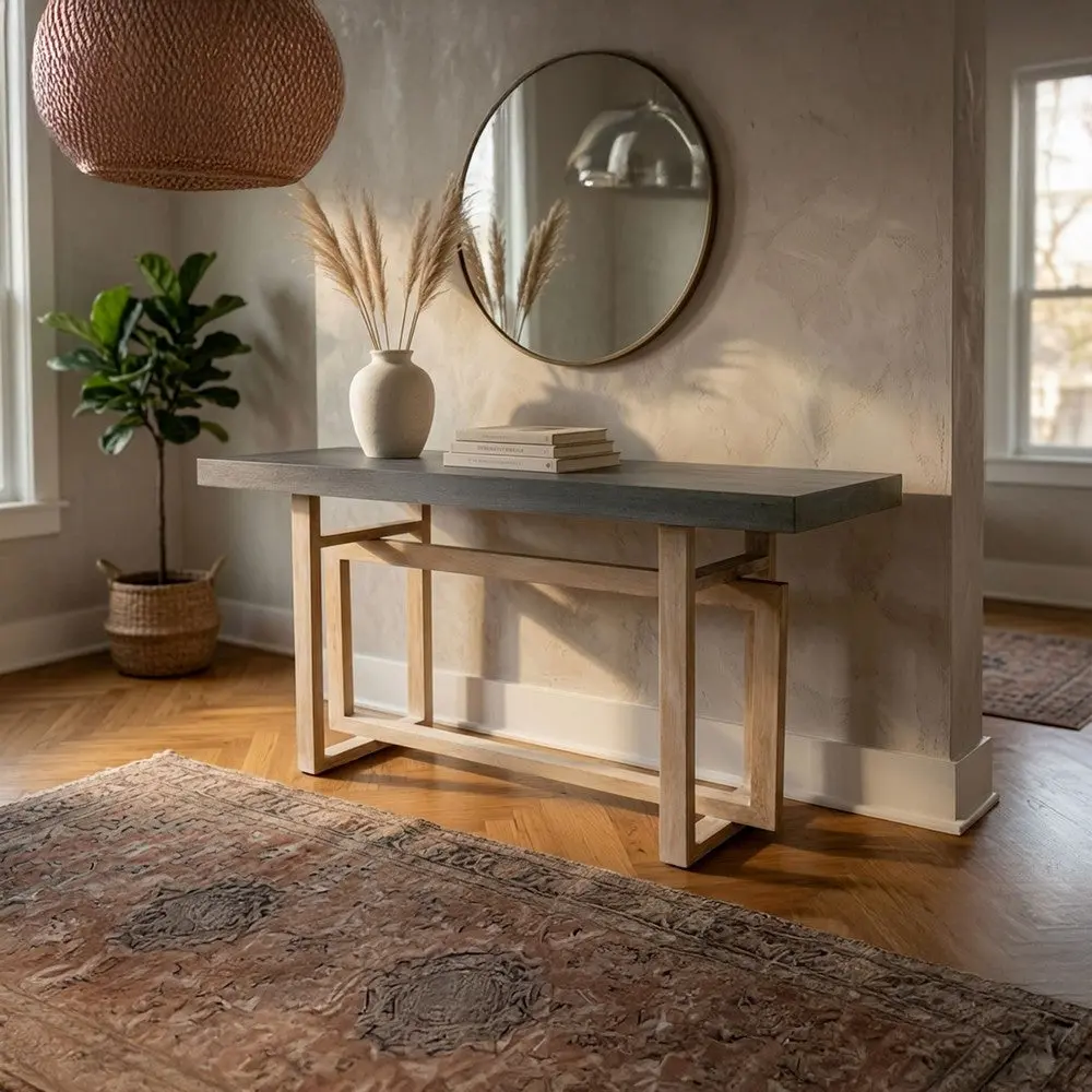 59 Inch Artisan Sideboard Console Table with Geometric Interlocked Base, Distressed Matte Gray By The Urban Port