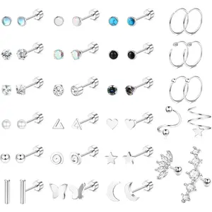 THUNARAZ 46-Piece Unisex CZ-Embellished Star, Moon, Heart Shape Earring Studs, 20G Hypoallergenic Steel Thin Studs with Flat Back, Screw Back, Hoops for Cartilage, Tragus, Daith Piercings, Daily Wear, Christmas Gift