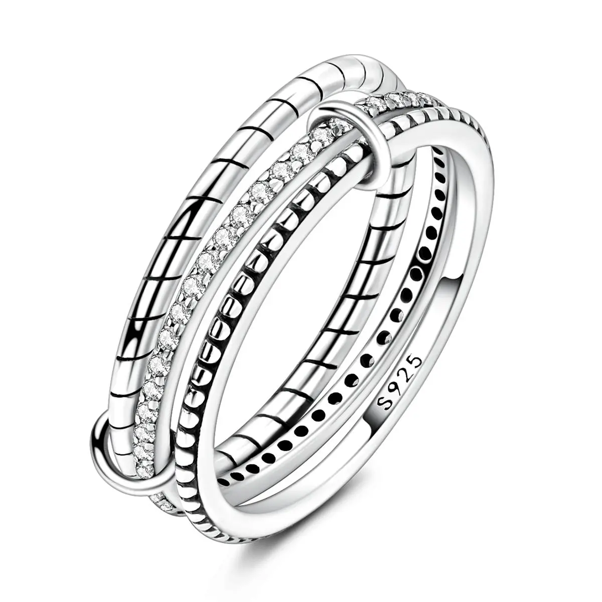 MULA Silver-Plated Triple Band Stackable Ring - 3 Interlocking Geometric Design Ring, Artificial Zircon Cubic Zirconia Costume Jewelry, Elegant Everyday Wear Gift for Women on Anniversary, Birthday, Artificial Zircon Ring