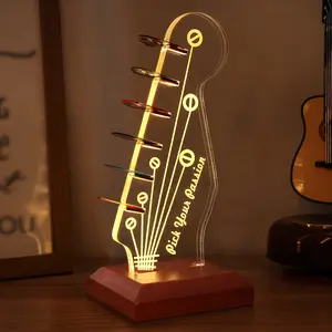 Light Up Guitar Pick Holder - Electric Guitar Headstock Shaped Acrylic & Wooden USB Powered Display Case - Guitar Accessories Gift for Players/Men (Picks Storage Organizer),Christmas Gift New Year Gift