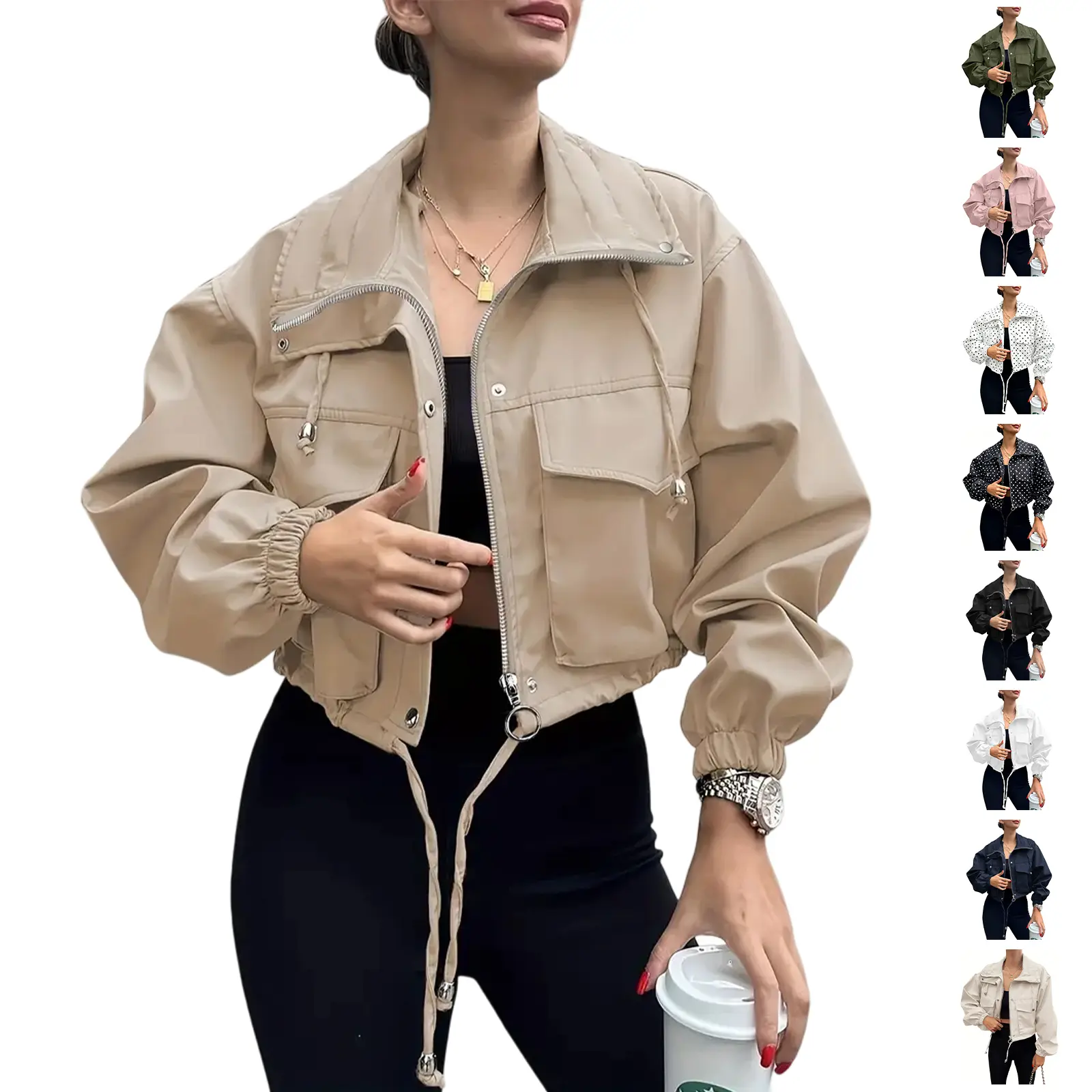 ASWULK Women's Cropped Jacket Zip Up Lightweight Oversized Utility Coat with Pockets for Spring and Fall Wear Adjustable Drawstring Snap Button Zipper
