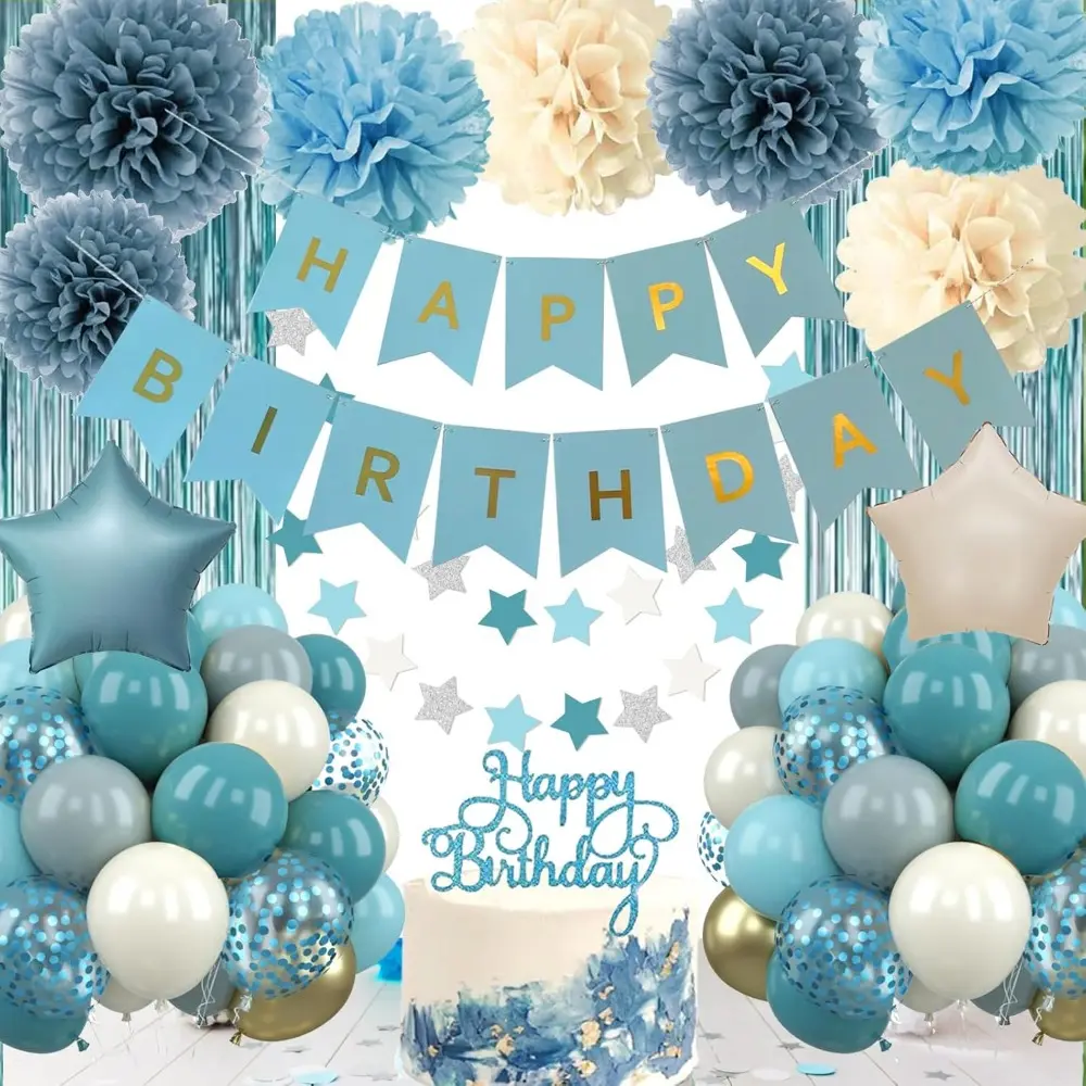 Blue Galaxy Star Light Reusable Sequins Party Decoration Set - Latex Space Supplies, 43 Birthday Balloons, Balloon Chain, Happy Birthday Banner, Fringe Curtain Background, Blue Pom Poms, Ivory Accents, Easy Install for Baby Boys & Adults, Doors