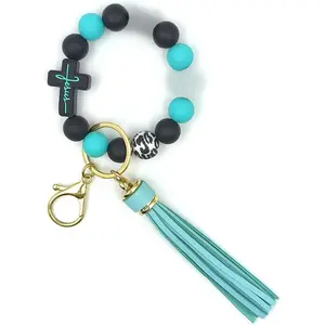 Silicone Beaded Keychain Wristlet Bracelet,Key Wrist Jesus Cross Keychains for Women Girls