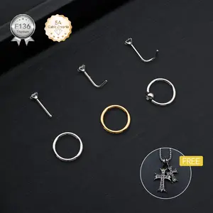 5Pcs Titanium Nose Jewelry Set: 18G CZ Nose Studs +16G Nose Hoops(Gold/Silver) | ASTM F136 | Hypoallergenic|Mix-and-Match Styling Unisex Piercing Accessories with Free Necklace|Everyday Wear|african lip ring|Nose Rings,L Shaped,screw,Corkscrew Nose Studs