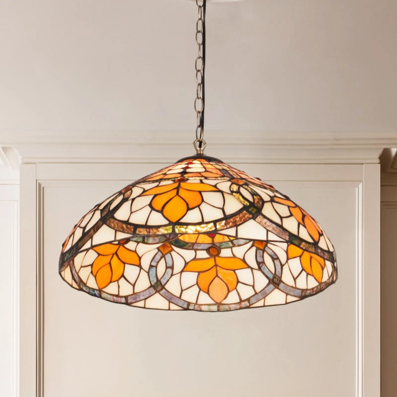 Tiffany Style Stained Glass Pendant Light, Autumn Leaf Pattern Hanging Lamp with Bronze Iron Base, 16" Wide, Bulb Not Included
