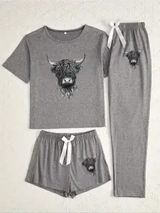 Women's Sleepwear Pajama Set, Highland Cow Print, Fitted Design, Casual Style, All Seasons, Moderate Fabric Thickness, Loungewear, Pjs, Womenswear