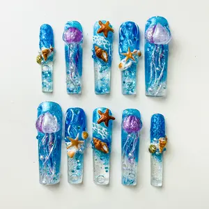 DiDazzle Mermaidcore "Jelly Splash" Aquarium Press-On Nails Blue Liquid Core Ocean Glow TikTok Trending DIY Nail Art with Starfish Conch Shells & Jellyfish Designs