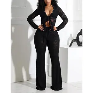 Sexy 2 piece sets women‘s Lace Hollow Long Sleeved~（summer outfits - beach outfits ）Elegant Formal Comfortable Drape Evening Chic Flowy ElasticRAIMENTRY