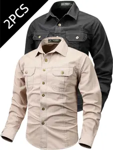 Men's Workwear 2-Piece Set Long Sleeve Shirts, Dual Chest Pockets Casual Outdoor Button-Up Uniforms, Multiple Colors Available
