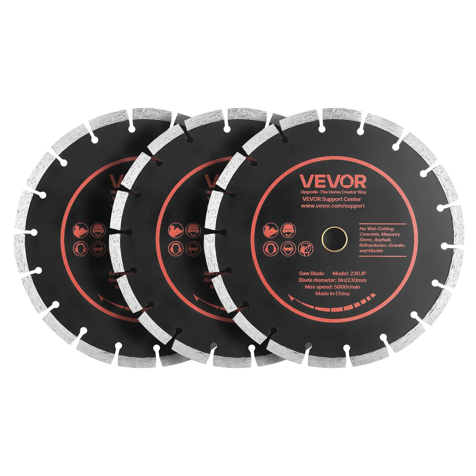 【Summerfinds】VEVOR 3-Pack 9 in Diamond Blades, 7/8 in Arbor, 0.4 in, 1.1 lbs Each, 65Mn Steel Core, High-Hardness Diamond Segments, Dry & Wet Cutting, Clean Edges for Concrete, Masonry, Brick, Arbor Mount, Copper Bushes, 0.098–0.1 In Edge, 3‑Pack Value