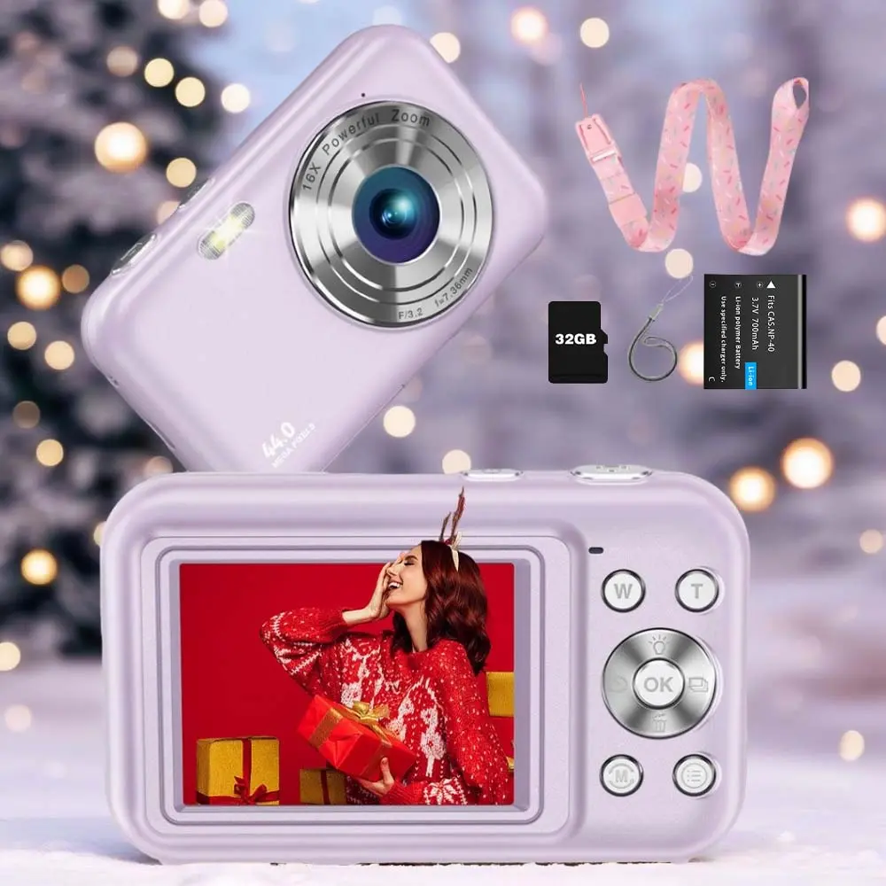 CAMKORY Newest Upgraded Digital Point & Shoot Camera - Pocket-Sized Compact Portable Vlogging Digital Camera with 1080p Video, LCD Screen, 32GB Card, Self-Timer, 16X Zoom, Anti-Shake, Type-C USB, Rechargeable, Macro Lens, Lanyard (Violet Purple)