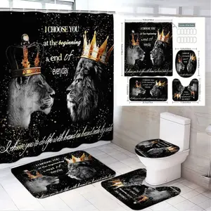 1/4pcs Regal Black & Gold Lioness & Lion Crown Bathroom Set with 'I Choose You' Motto - Shower Curtain + 2 Bath Mats + Toilet Seat Cover - Romantic Animal Theme, Sparkle Decor for Valentine's Day, Anniversary, Royal Bathroom Aesthetic, Shower Essentials