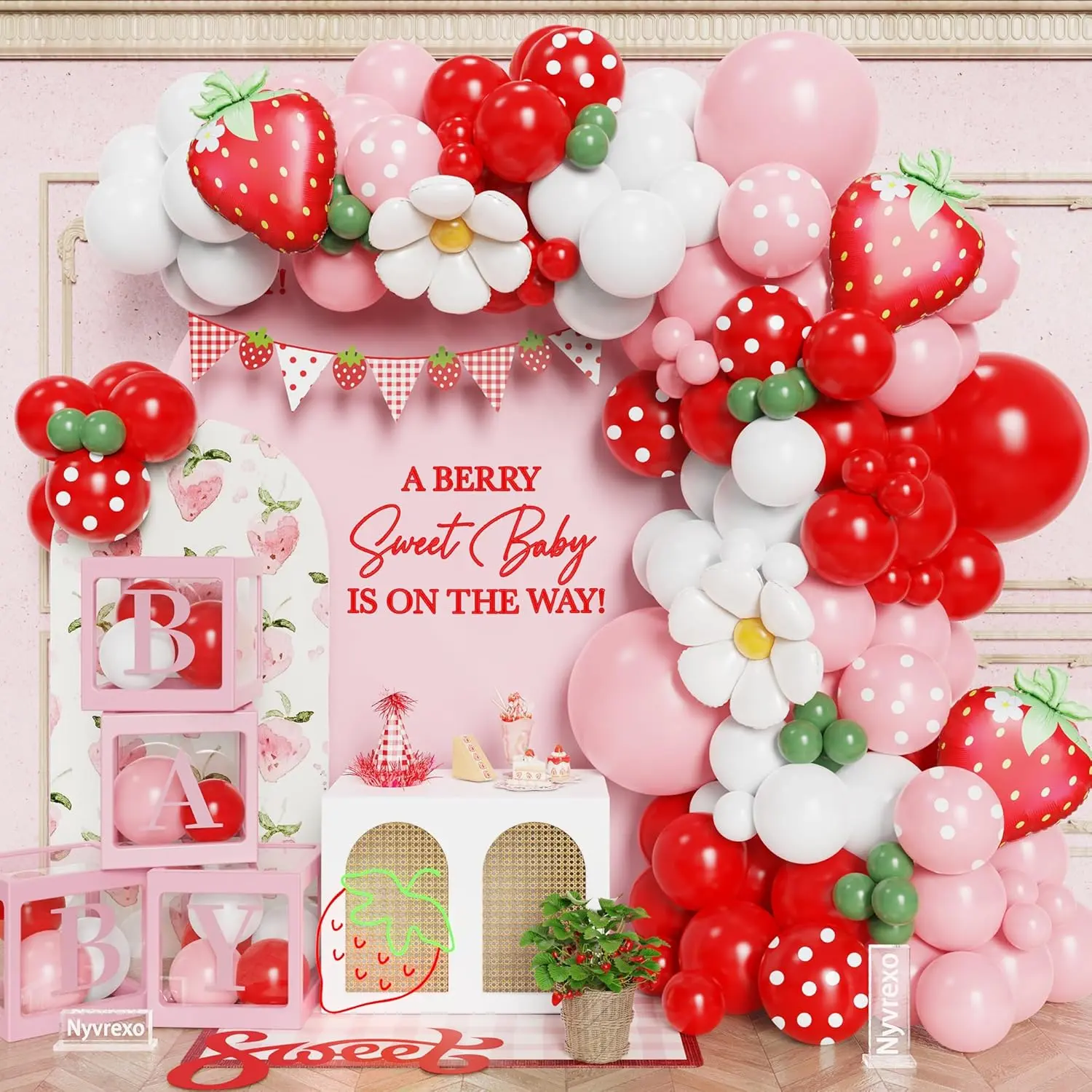 Strawberry Baby Shower Decorations, Red Pink Strawberry Daisy Balloons Arch Garland Kit with BABY Balloon Boxes, Sweet One Berry First Birthday Party Supplies