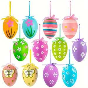 12pcs Easter egg ornaments with bows, featuring designs of stripes and flowers, DIY craft tree decorations for party gifts, egg-themed home decorations for parties