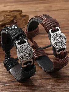 Leather Braided Bracelet Set, Artificial Leather Stackable Bracelet, Vintage Bohemian Jewelry with Religious Medal & Adjustable Knot Design for Men's Daily & Streetwear