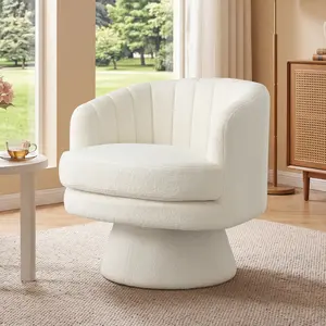 [memorialday] Ebello Beige Swivel Chair, Modern and Comfortable Versatile Wool Chair, Comfortable Round Armchair, 360 Degree Rotating Bucket Chair, Suitable for Living Room, Bedroom, Office