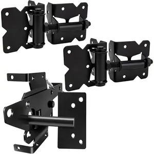 Heavy Duty Self Locking Gate Latch and Gate Hinges Set, Hardware for Vinyl and Wood Fence, Includes Installation Screws and Swing Adjuster Tool, 1 Gate Latch 2 Gate Hinges