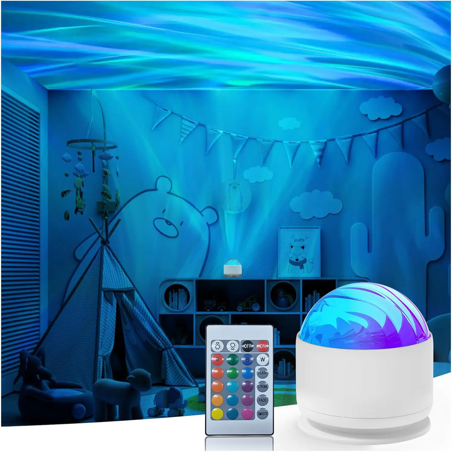 Aurora & Water Ripple 2-in-1 Projector Light – 16 Color LED Atmosphere Lamp with Remote, USB-Powered Night Light for Bedroom, Parties & Relaxation Mod