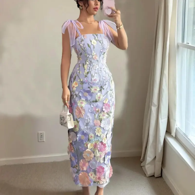 Women's Floral Embroidery Tie Shoulder Cami Dress, Elegant Sleeveless Dress for Party Holiday Wedding Guest, Ladies Clothes for Summer, Formal Dresses Women