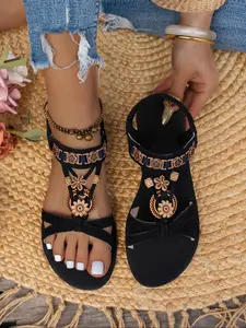 Women's Fashionable Flower Decorated Slip on Sandals, Casual Comfortable Strap Flat Summer Sandals for Beach Vacation, Boho Style All-match Sandals for Daily Wear, Shoe