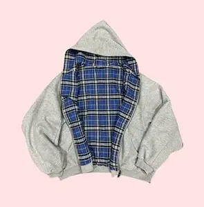 Y2K Reversible Plaid Lined Hoodie, Unisex Oversized Grey Zip Up Hooded Jacket, Vintage Flannel Lined Casual Streetwear for Men Women