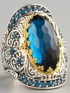 Vintage Royal Pattern Engraved Wide Band Platinum Plated Blue Zircon Evening Ring, Statement Rings, Elegant Geometric Design, All Seasons Jewelry
