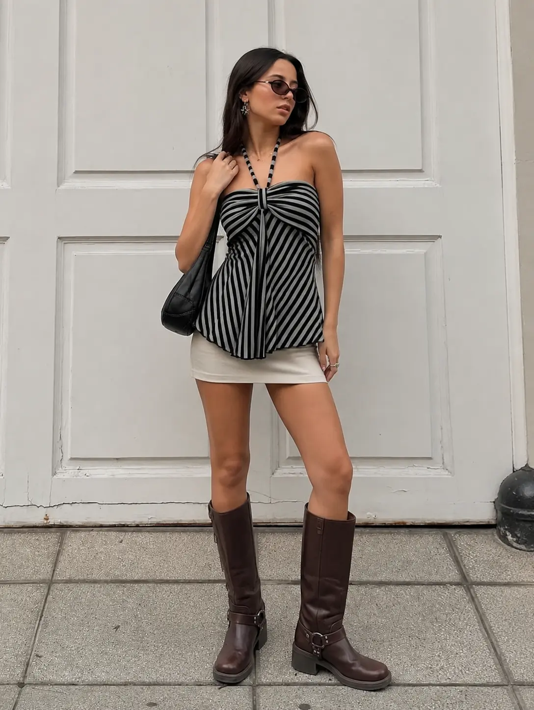 Women’s Black and Grey Striped Halter Neck Top, Tie Back Sweetheart Bust Sleeveless Cami, Flowy Babydoll Tank Top with Asymmetrical Hem, Y2K Grunge Summer Shirt[2026] casual beach women boho slim-fitting high strap stretchy elegant white tube knit elastic