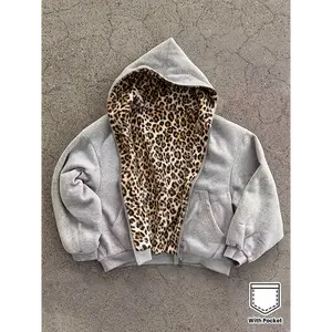 [collar cardigan] [Fashion Loose Sweatshirt] Y2K Vintage Leopard Print Hoodie | Unisex Streetwear, Double-Sided Harajuku, Loose Zipper, Pockets, Hip-Hop Casual