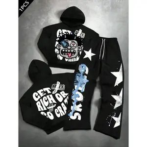 Unisex street-style hoodie and pants set, “Get Rich or Go Crazy” slogan print, casual fall and winter, loose fit for couples, high-street fashion, streetwear