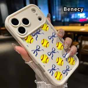 Softball Bow Dream Pattern TPU Phone Case for iPhone 17 Pro Max 16 15 14 Plus 13 12 Mini 11 XR X XS Air E Shockproof Non Slip Military-Grade Protection Silicone Cover Smartphone Casing