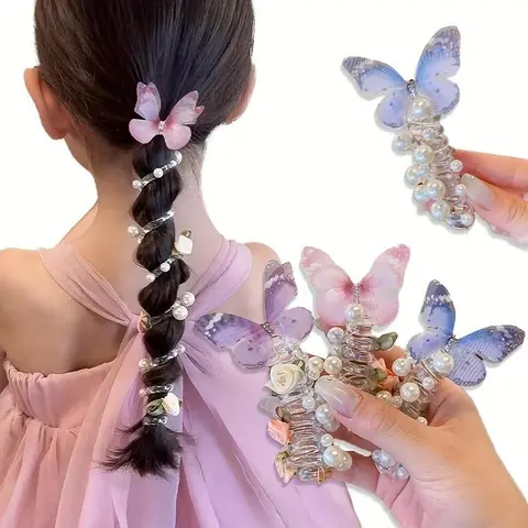 Kids’ 3-Piece Cute Floral Elastic Hair Accessory Set - Lightweight Quality Mesh Butterfly, Telephone Cord, Beaded Flower Hair Tie/Ribbon/Scrunchie for Party & Everyday Wear (Sports & Outdoor Style Complement)