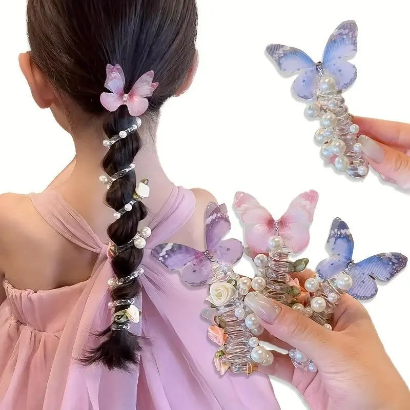 Kids’ 3-Piece Cute Floral Elastic Hair Accessory Set - Lightweight Quality Mesh Butterfly, Telephone Cord, Beaded Flower Hair Tie/Ribbon/Scrunchie for Party & Everyday Wear (Sports & Outdoor Style Complement)